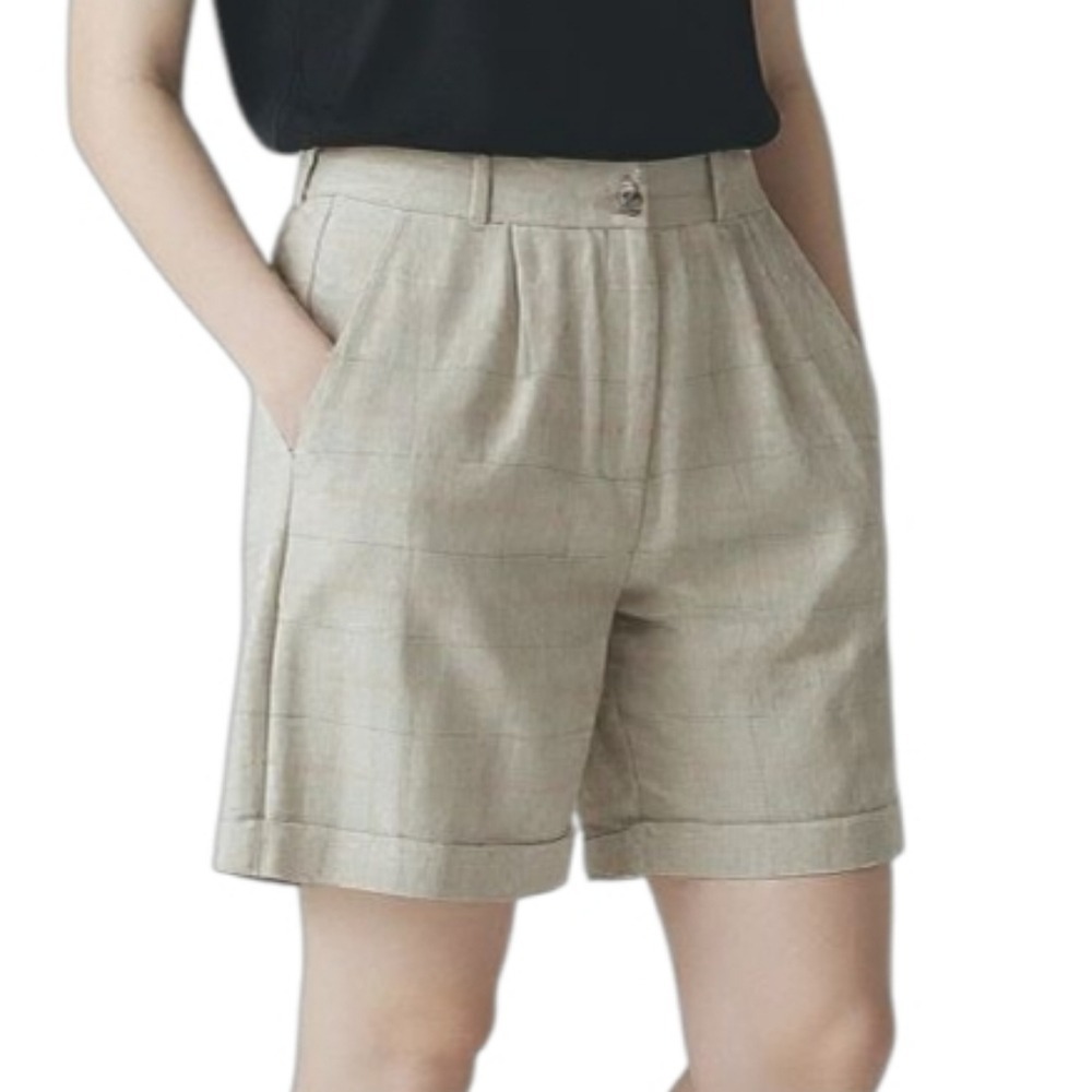 DANIEL HECHTER Cotton Tailored Plaid Shorts Pleated High Rise Beige Women's 9*7